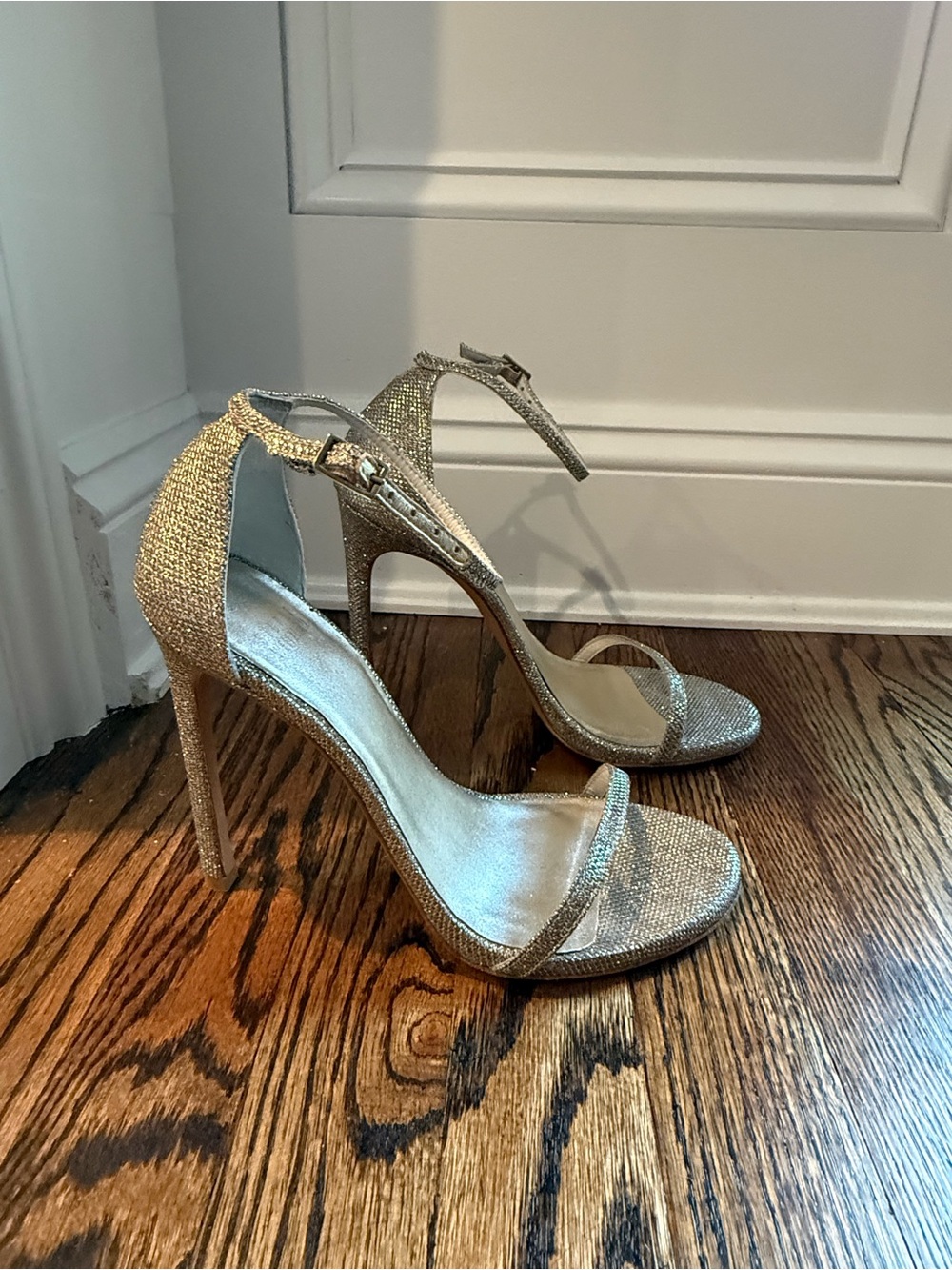 Stuart Weitzman Nudist Silver/Gold Glitter Ankle-Strap Stilettos